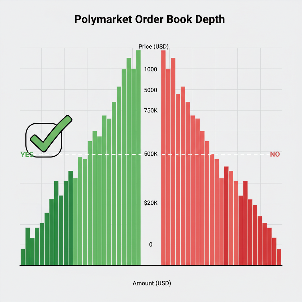 order book depth chart on Polymarket interface with $50K threshold line and green checkmark