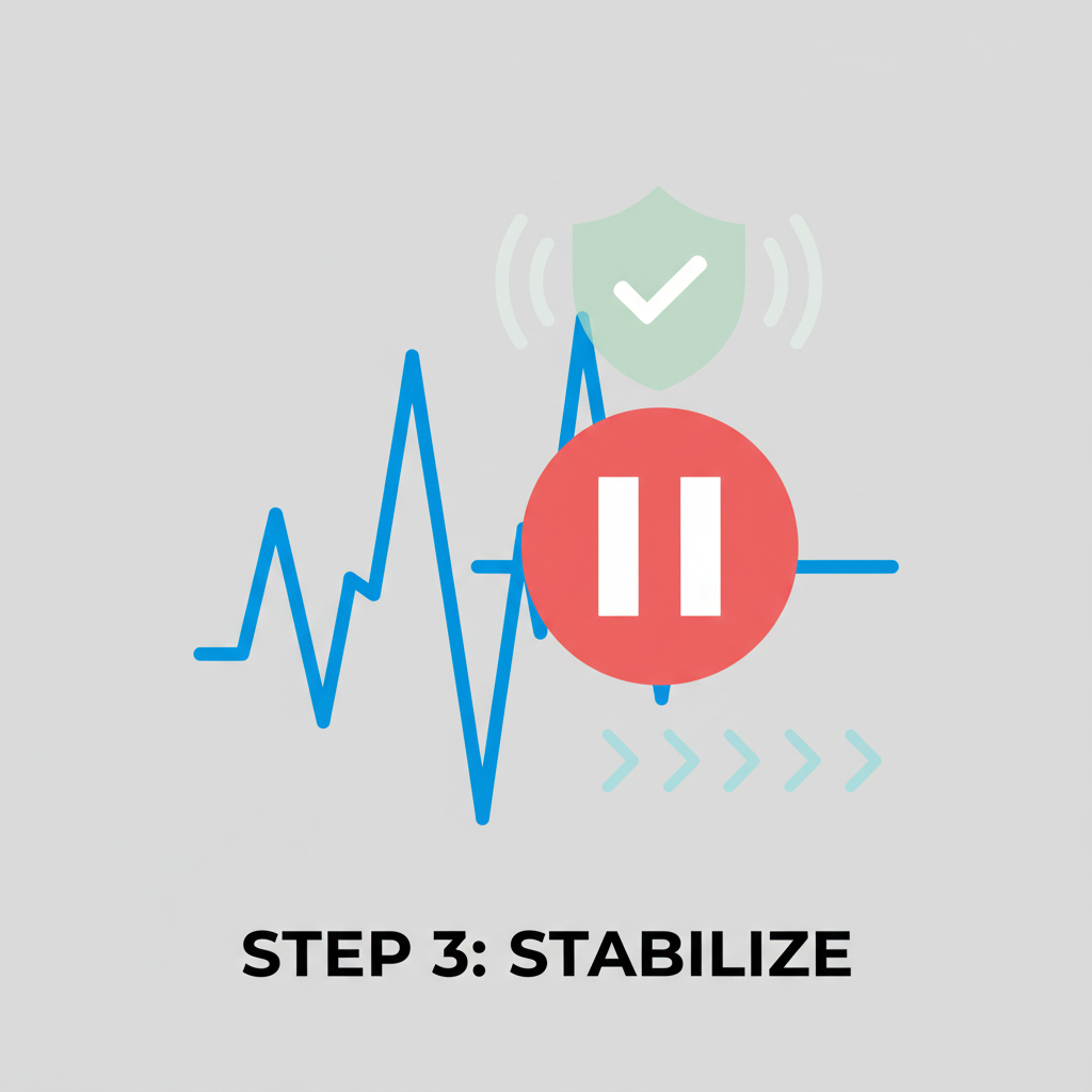 volatile price chart spiking with pause button activated and calm shield overlay