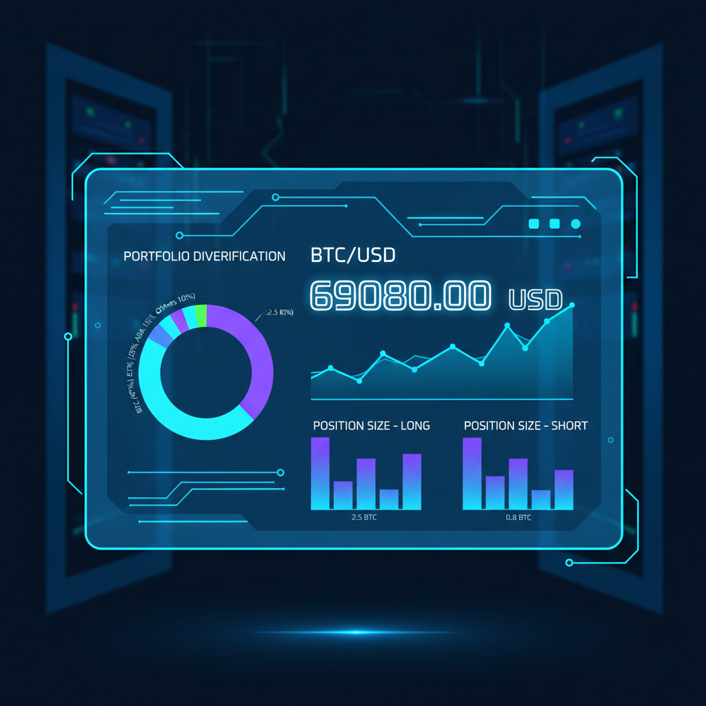 futuristic trading dashboard with position size charts, BTC price at 69080, diversification pie chart, neon blue cyberpunk style