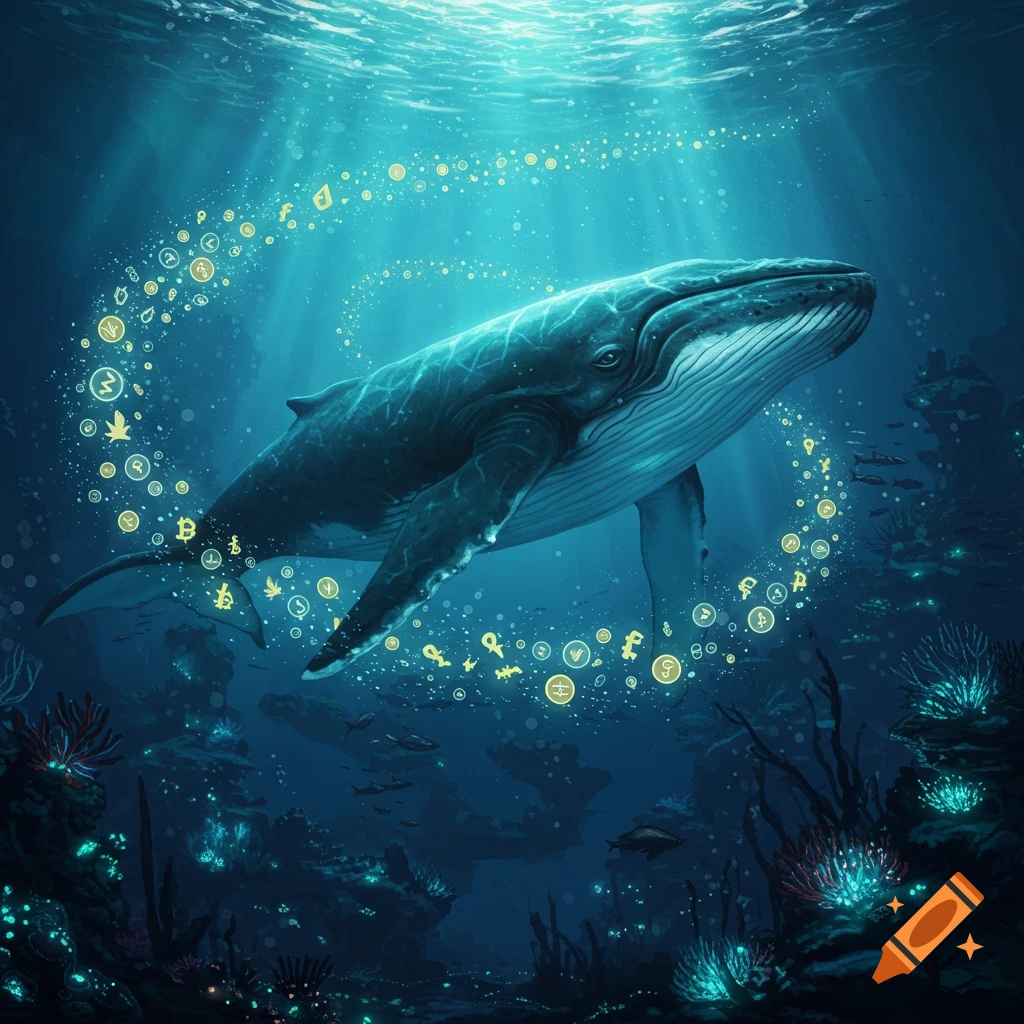 Majestic digital whale swimming through stylized cryptocurrency market waves, symbolizing powerful whale influence and hidden copy-trading risks with AI agent guardrails