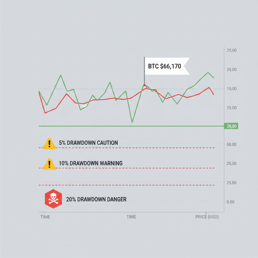 crypto chart with red horizontal drawdown threshold lines at 5%, 10%, 20%, Bitcoin price at $66,170, caution warning signs