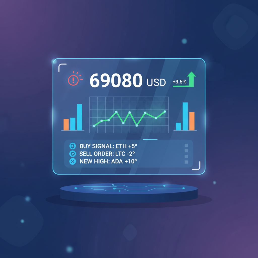 real-time crypto monitoring dashboard, BTC price ticker 69080, alerts and graphs pulsing, holographic high-tech display