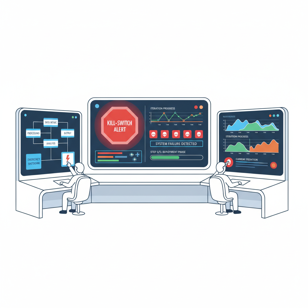 real-time monitoring dashboard with kill-switch alerts and iteration graphs, high-tech control room