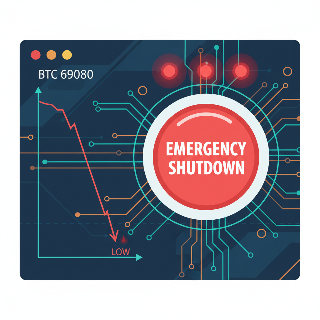 emergency red kill-switch button on AI trading interface, crypto crash graph BTC 69080 to low, alarm lights, sci-fi urgent style