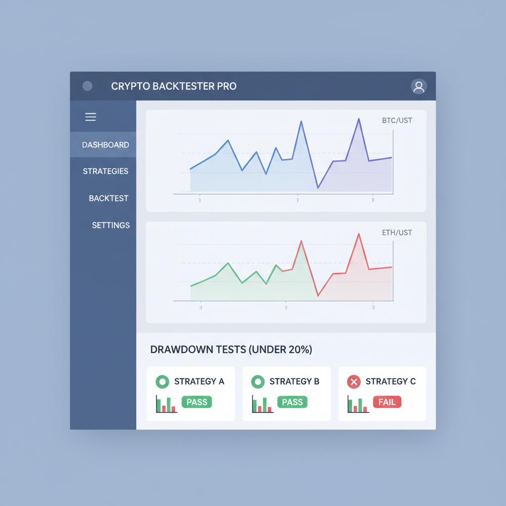 backtesting software screen with crypto charts, green pass/fail on drawdown tests under 20%