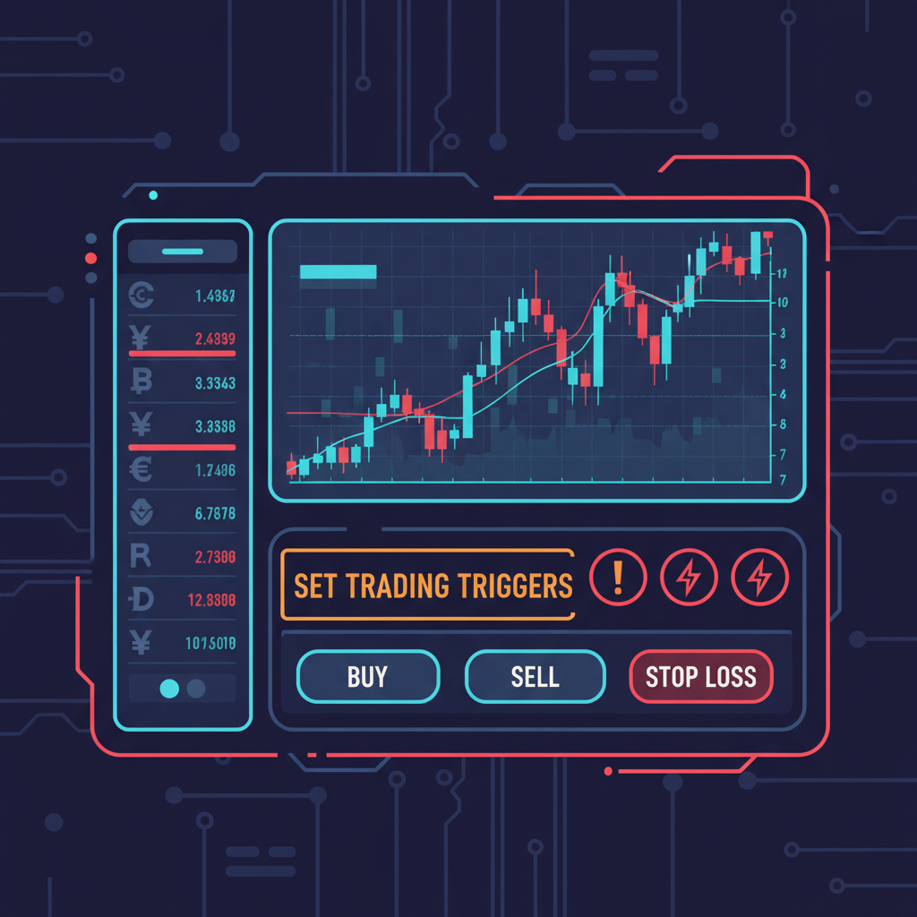 futuristic dashboard setting trading triggers with red alert icons, cyberpunk style