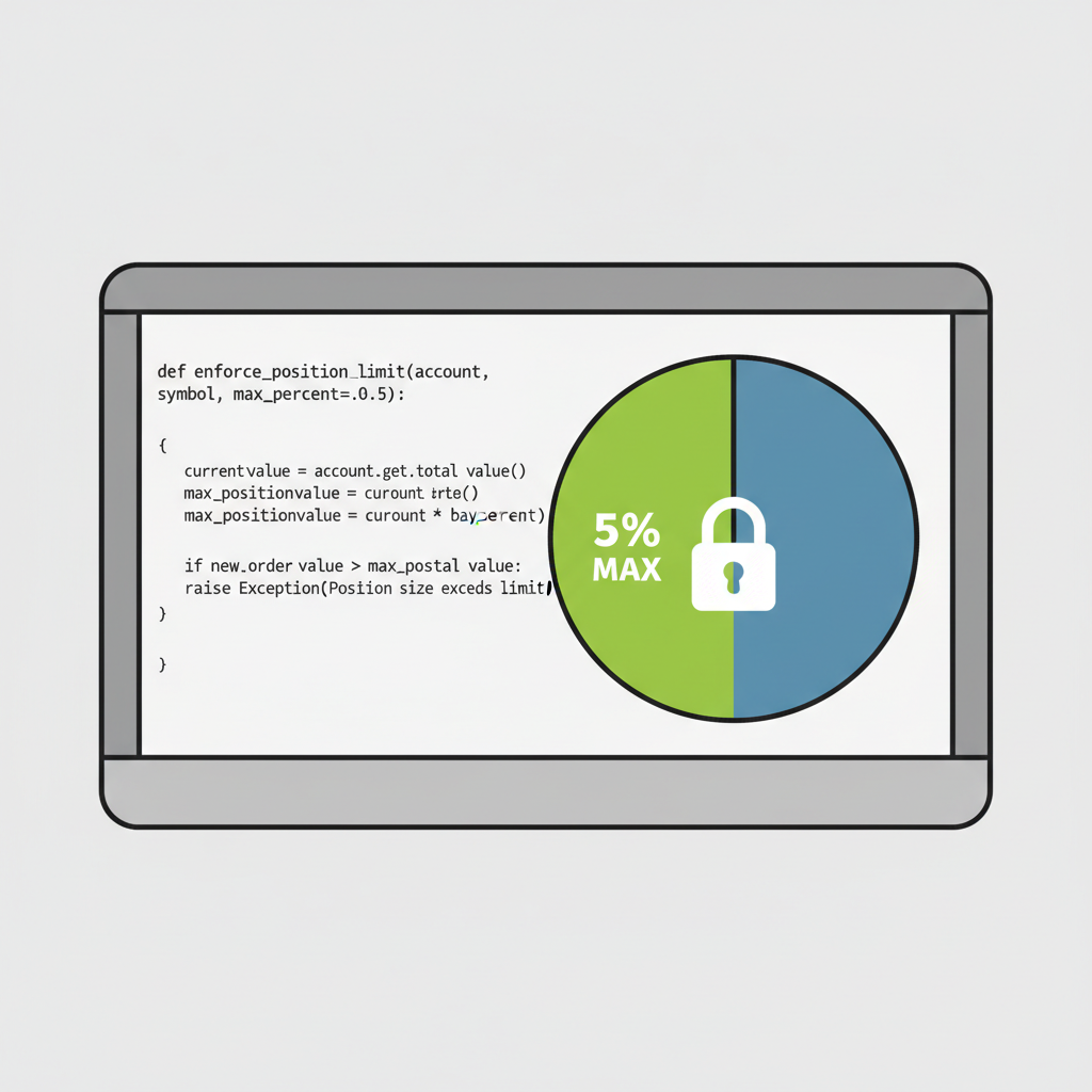 trading code snippet on screen enforcing position size limit with pie chart showing 5% slice and lock icon
