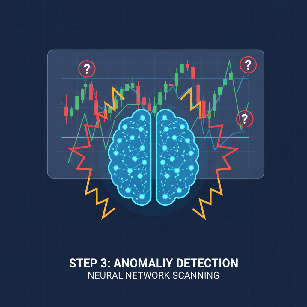 neural network scanning stock charts for anomalies, glowing AI brain with warning signals