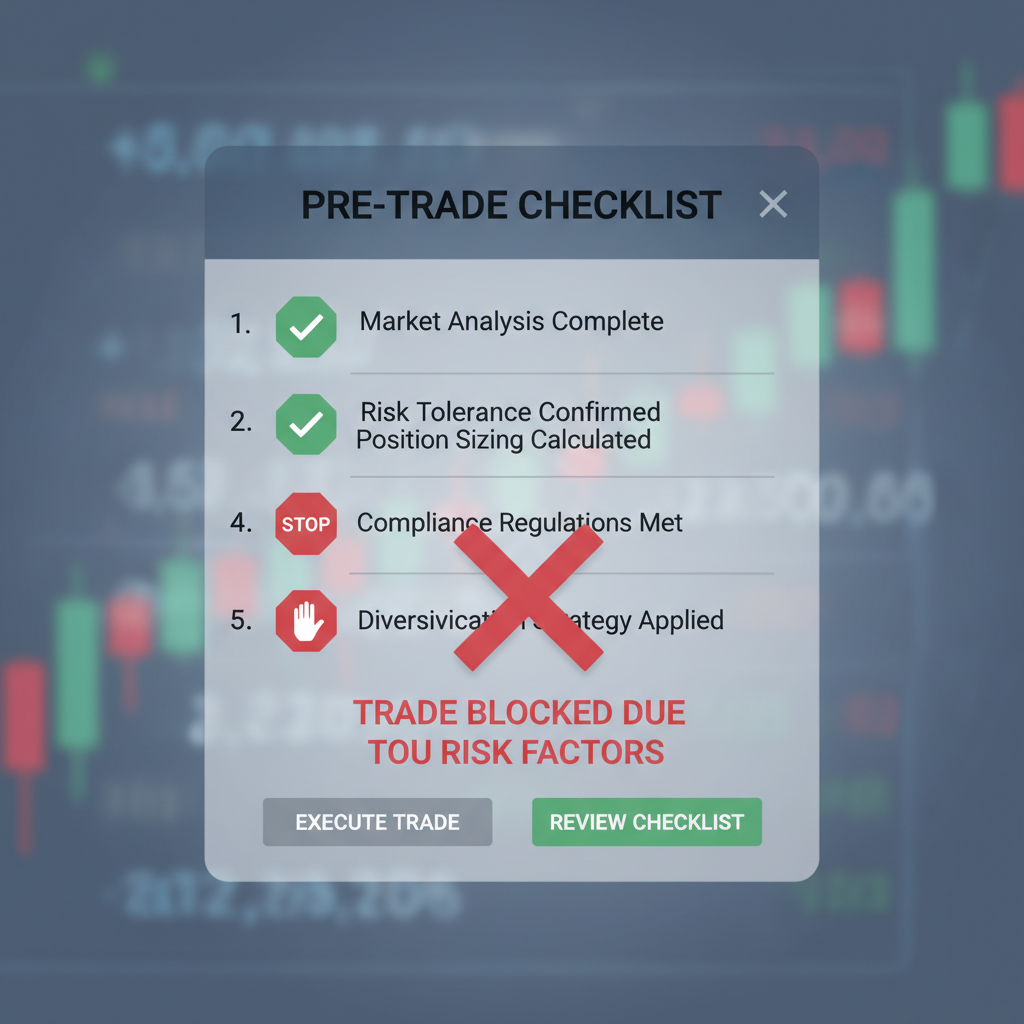 pre-trade checklist interface blocking risky trades, green checkmarks and red stops