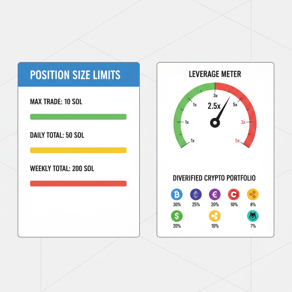 trading dashboard showing position size limits, leverage meter at 2x-3x, diversified crypto portfolio icons