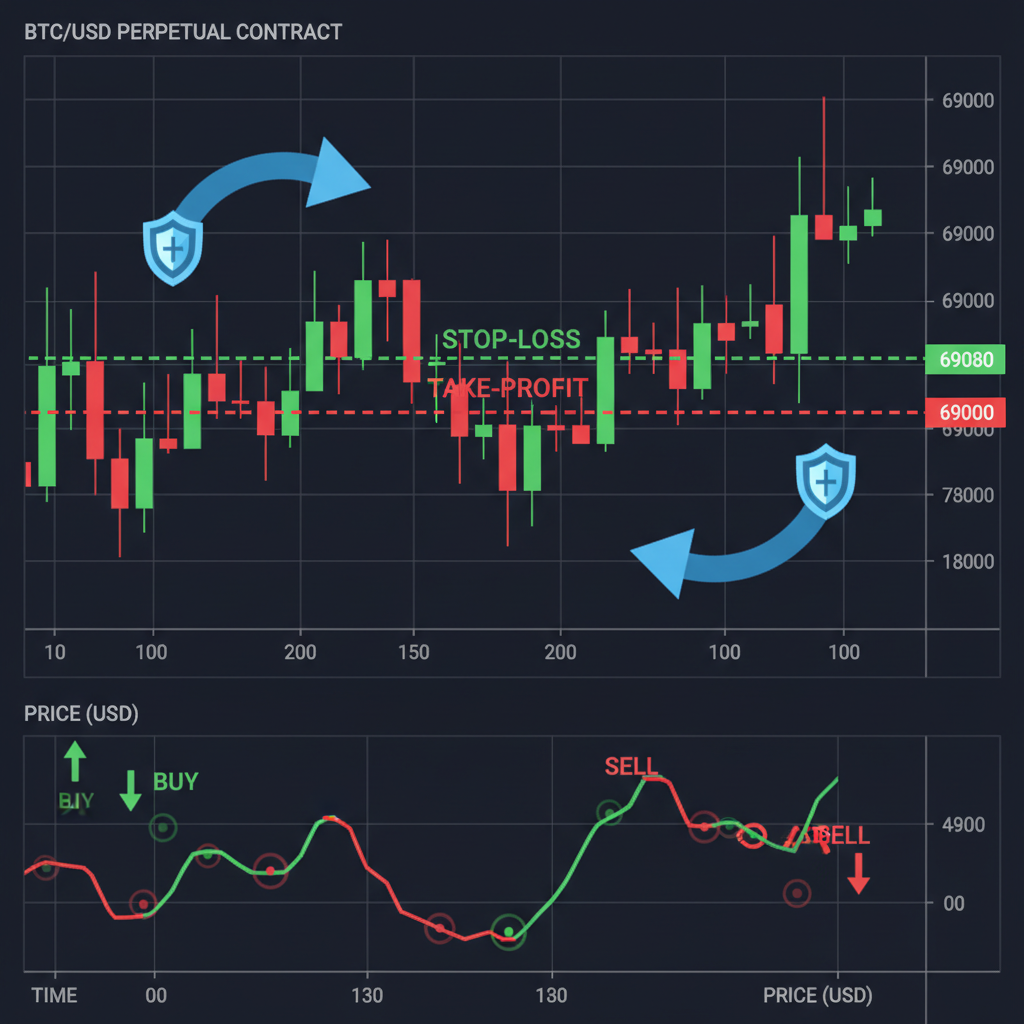 crypto chart with stop-loss and take-profit lines on BTC at 69080, hedging arrows, red green signals, dark technical analysis style